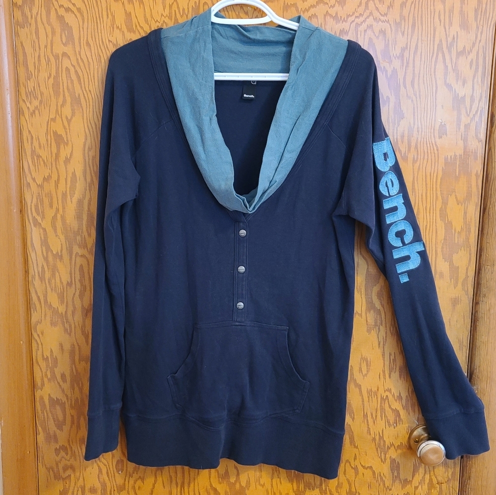 Bench Cowl Neck Hoodie | Y2K Logo Sleeve | Navy Blue | Size XL